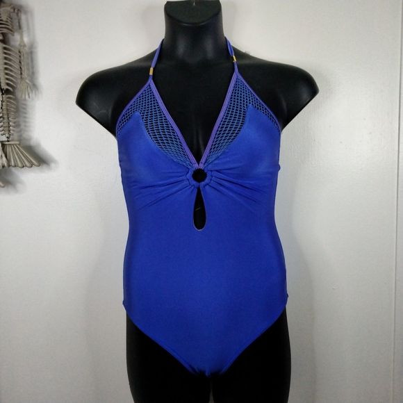 Venus Blue Mesh One Piece Size 4 Sexy Keyhole Plunge Swimwear Swimsuit Deep Back - Picture 1 of 13